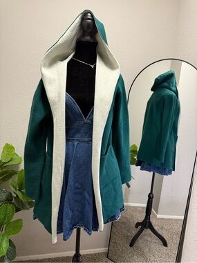 Olivers Teal Hooded Open-Front Coatigan with Cream Lining